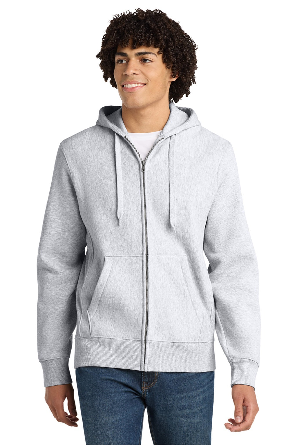 Sport-Tek F282 Mens Fleece Full Zip Hooded Sweatshirt Hoodie w/ Pockets Heather Grey Model Front