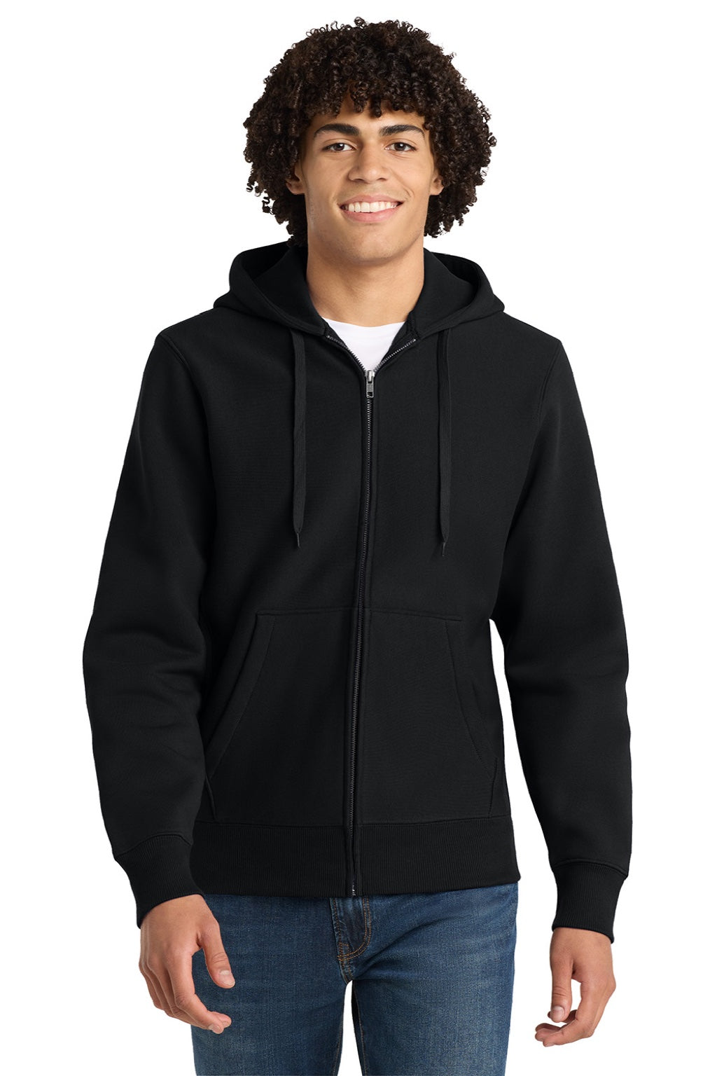 Sport-Tek F282 Mens Fleece Full Zip Hooded Sweatshirt Hoodie w/ Pockets Black Model Front