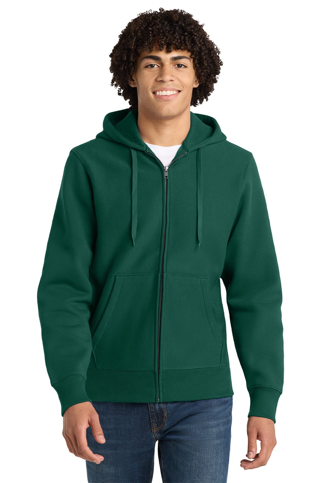 Sport-Tek F282 Mens Fleece Full Zip Hooded Sweatshirt Hoodie w/ Pockets Dark Green Model Front