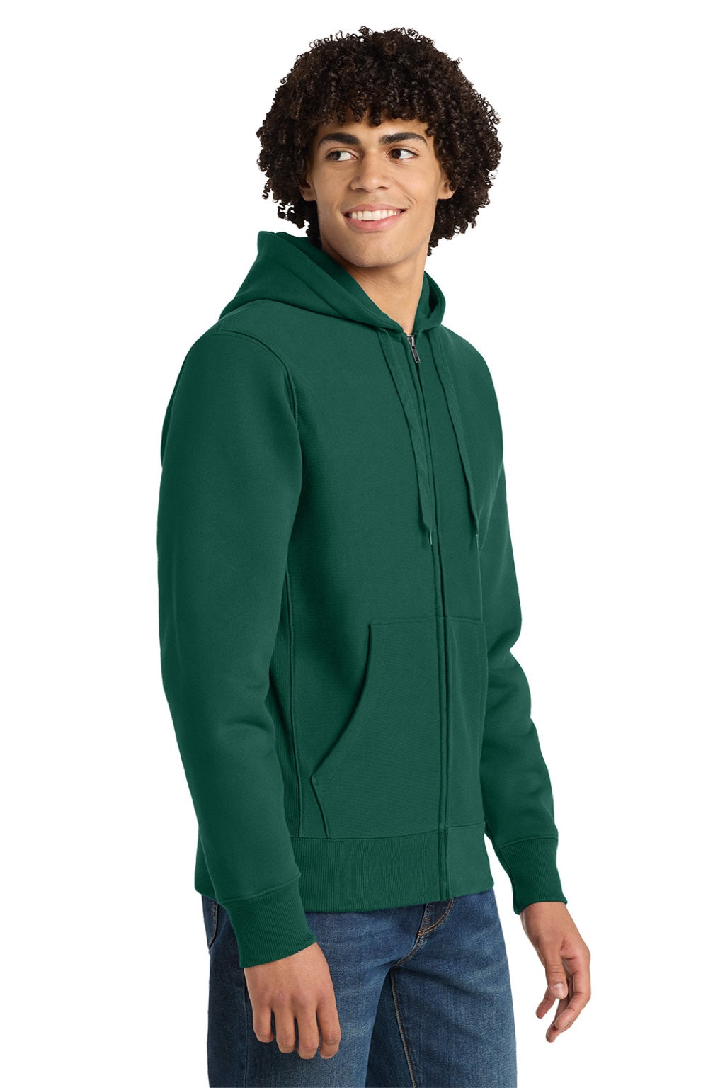 Sport-Tek F282 Mens Fleece Full Zip Hooded Sweatshirt Hoodie w/ Pockets Dark Green Model Side