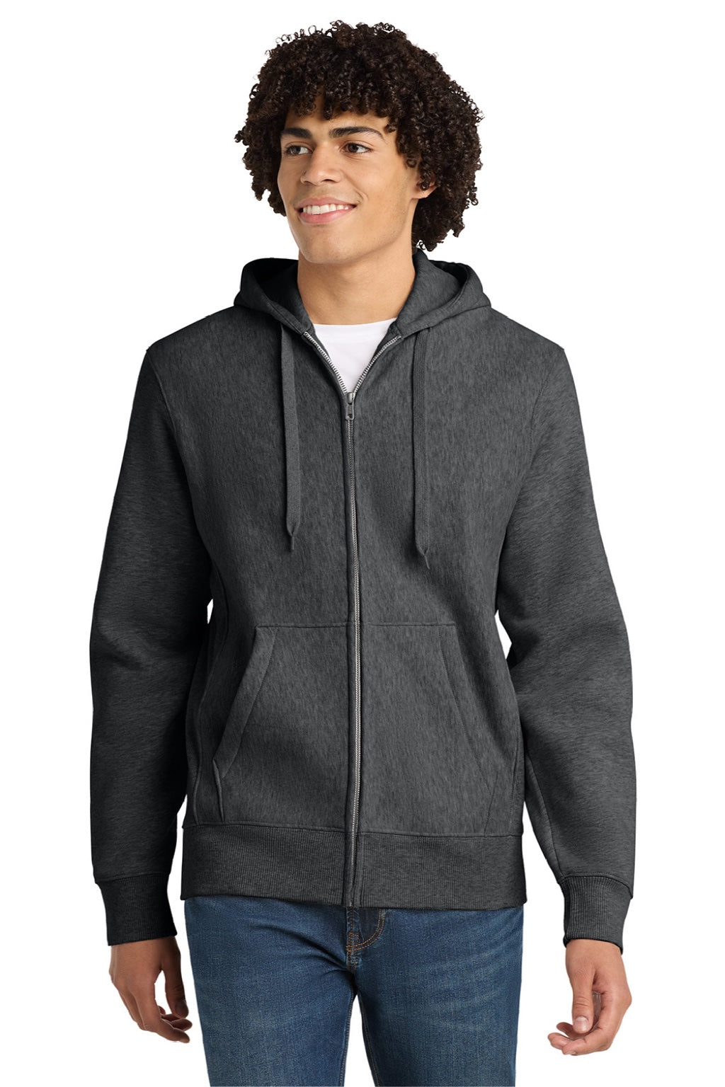 Sport-Tek F282 Mens Fleece Full Zip Hooded Sweatshirt Hoodie w/ Pockets Heather Graphite Grey Model Front