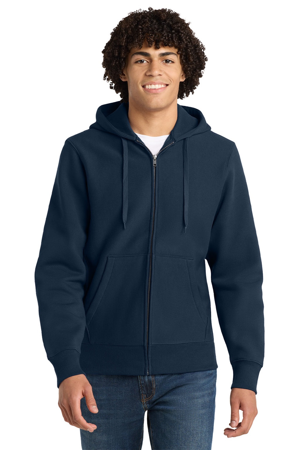 Sport-Tek F282 Mens Fleece Full Zip Hooded Sweatshirt Hoodie w/ Pockets True Navy Blue Model Front