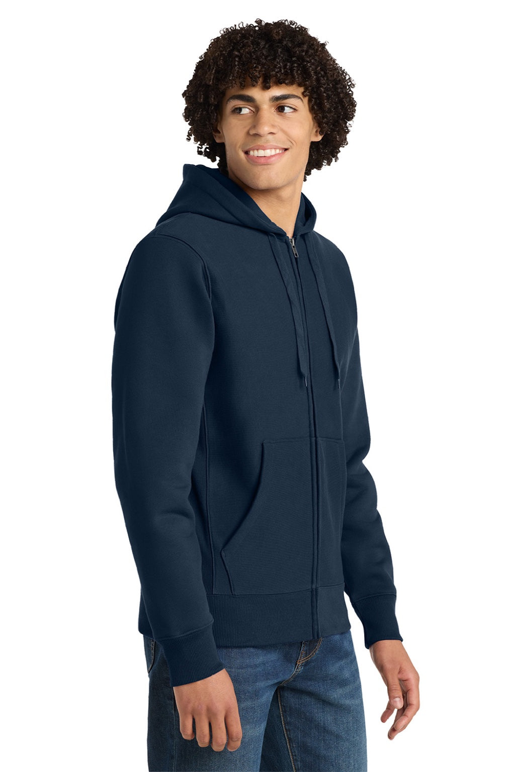 Sport-Tek F282 Mens Fleece Full Zip Hooded Sweatshirt Hoodie w/ Pockets True Navy Blue Model Side