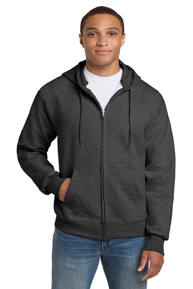 Hanes F280 Mens Ultimate Cotton PrintPro XP Pill Resistant Full Zip Hooded Sweatshirt Hoodie w/ Pockets Heather Charcoal Grey Model Front