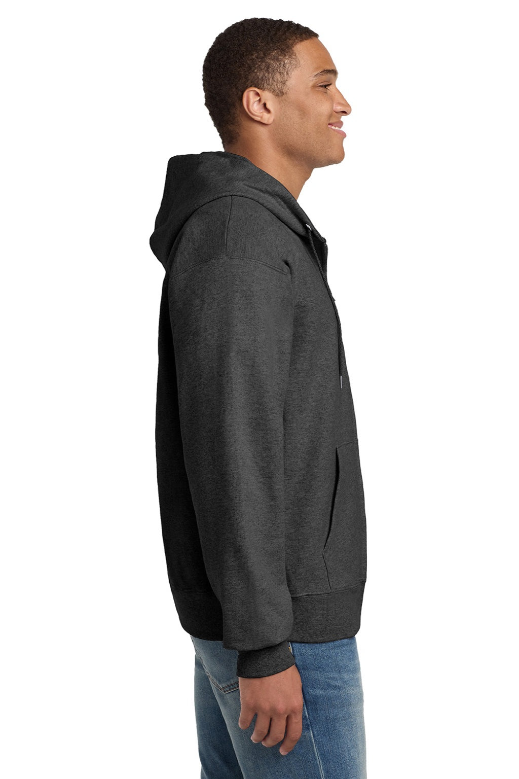 Hanes F280 Mens Ultimate Cotton PrintPro XP Pill Resistant Full Zip Hooded Sweatshirt Hoodie w/ Pockets Heather Charcoal Grey Model Side