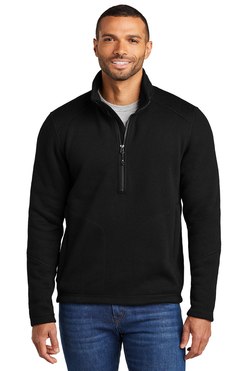 Port Authority F426 Mens Arc Pill Resistant Sweater Fleece 1/4 Zip Jacket Deep Black Model Front