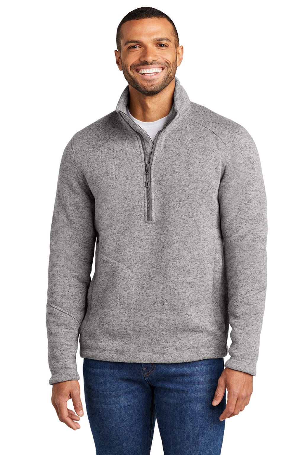 Port Authority F426 Mens Arc Pill Resistant Sweater Fleece 1/4 Zip Jacket Heather Deep Smoke Grey Model Front