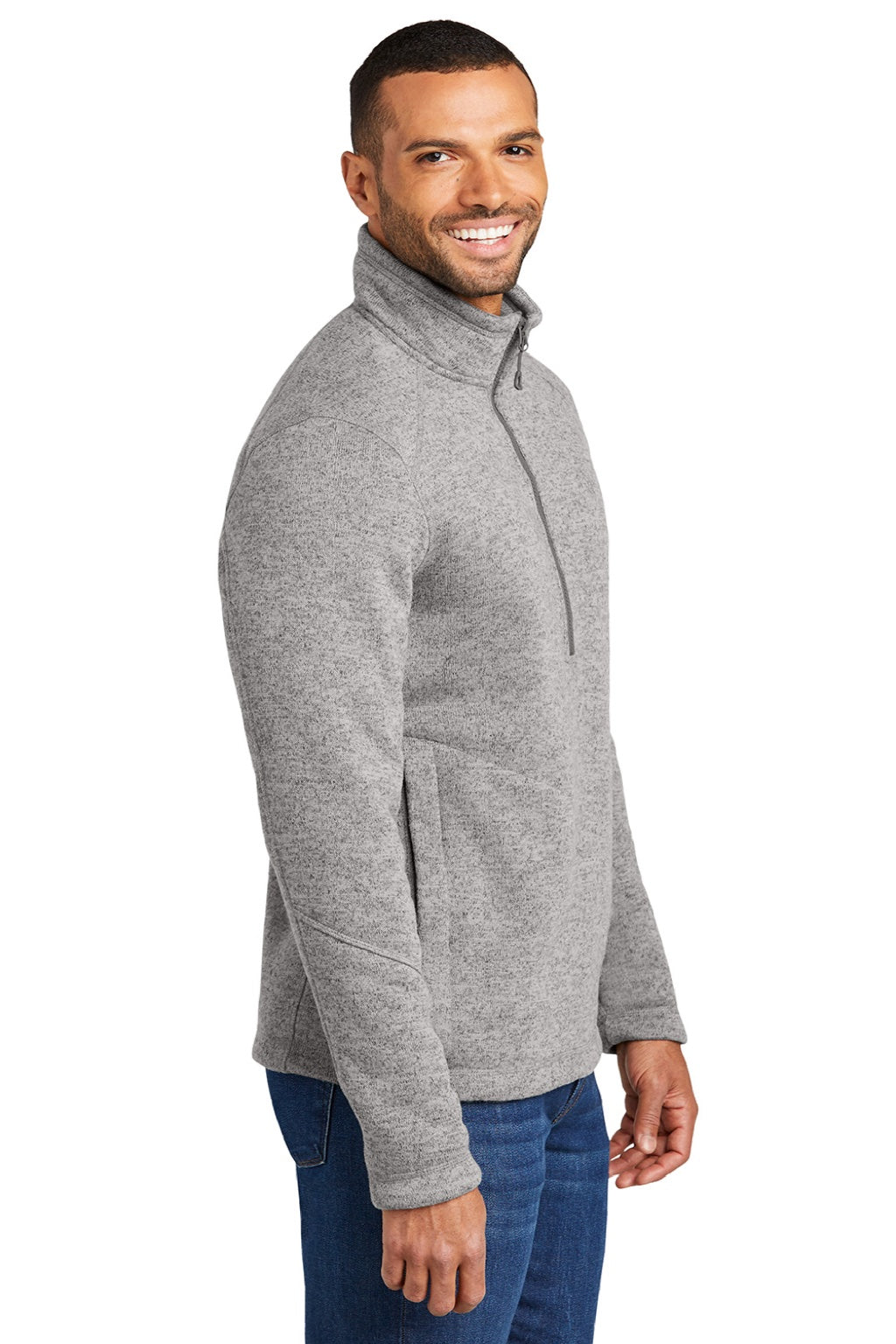Port Authority F426 Mens Arc Pill Resistant Sweater Fleece 1/4 Zip Jacket Heather Deep Smoke Grey Model Side