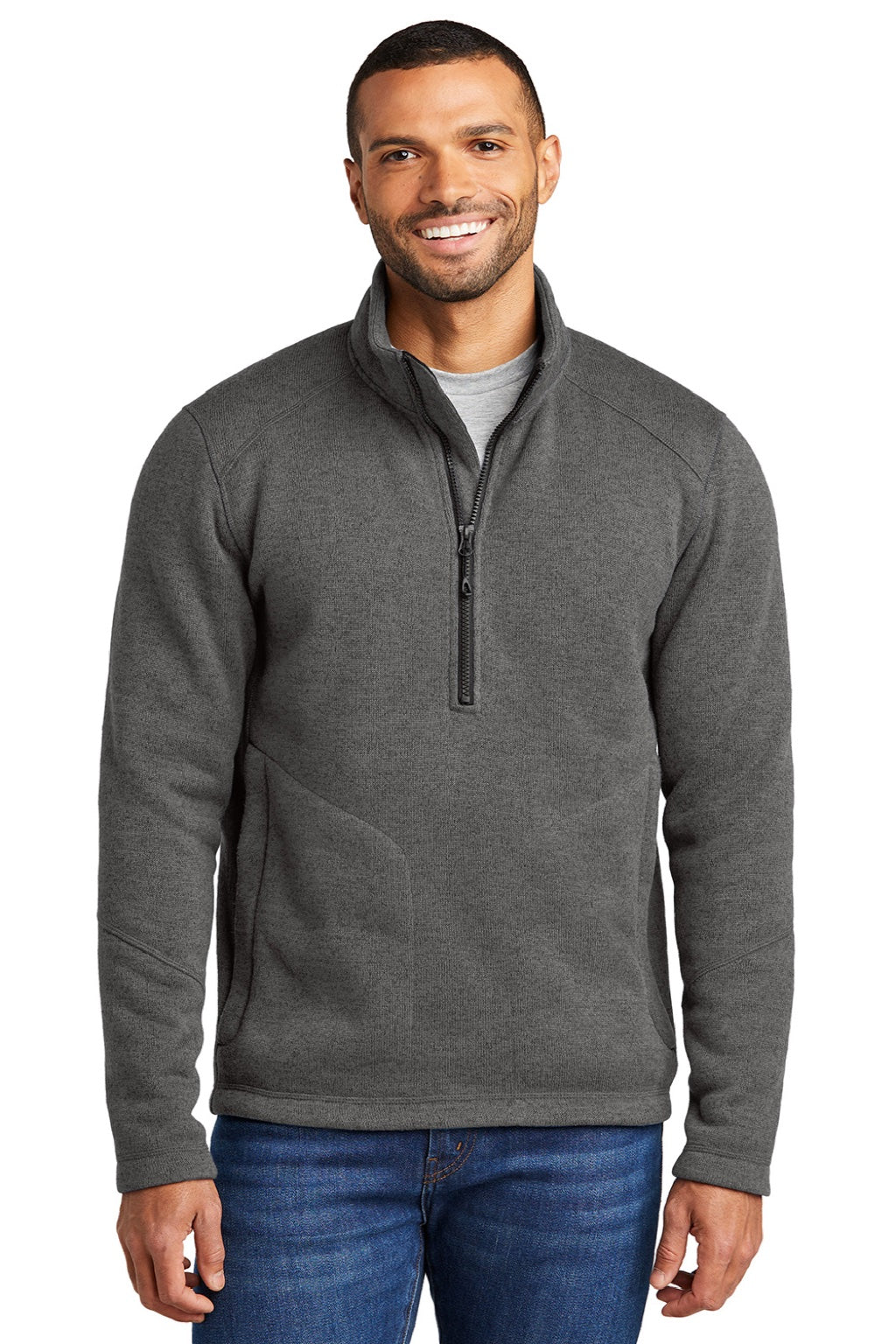 Port Authority F426 Mens Arc Pill Resistant Sweater Fleece 1/4 Zip Jacket Heather Smoke Grey Model Front