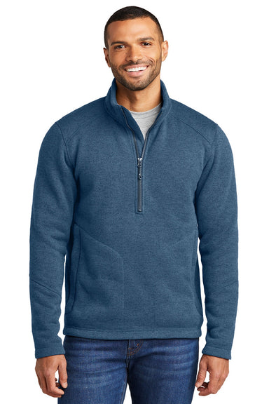 Port Authority F426 Mens Arc Pill Resistant Sweater Fleece 1/4 Zip Jacket Heather Insignia Blue Model Front