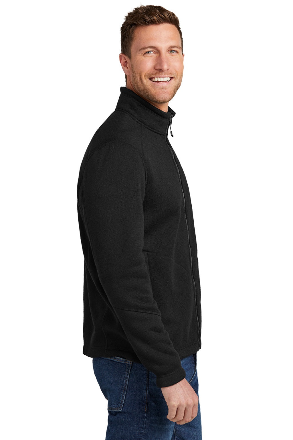 Port Authority F428 Mens Arc Pill Resistant Sweater Fleece Full Zip Jacket Deep Black Model Side