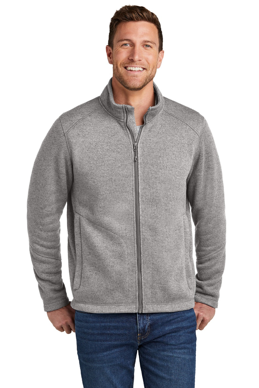 Port Authority F428 Mens Arc Pill Resistant Sweater Fleece Full Zip Jacket Heather Deep Smoke Grey Model Front