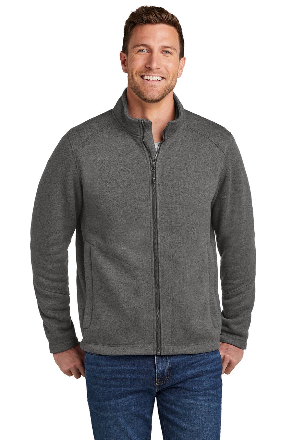 Port Authority F428 Mens Arc Pill Resistant Sweater Fleece Full Zip Jacket Heather Smoke Grey Model Front