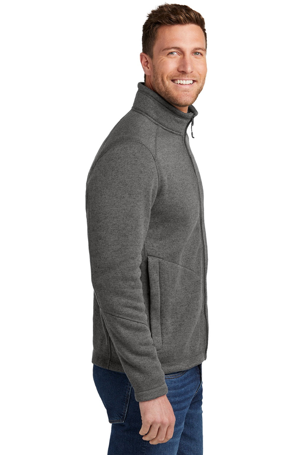 Port Authority F428 Mens Arc Pill Resistant Sweater Fleece Full Zip Jacket Heather Smoke Grey Model Side