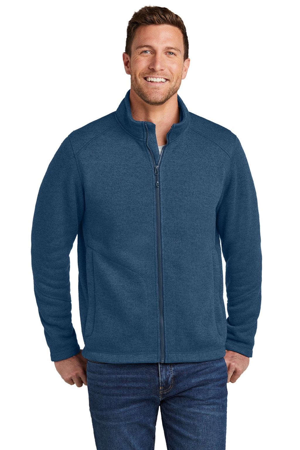 Port Authority F428 Mens Arc Pill Resistant Sweater Fleece Full Zip Jacket Heather Insignia Blue Model Front