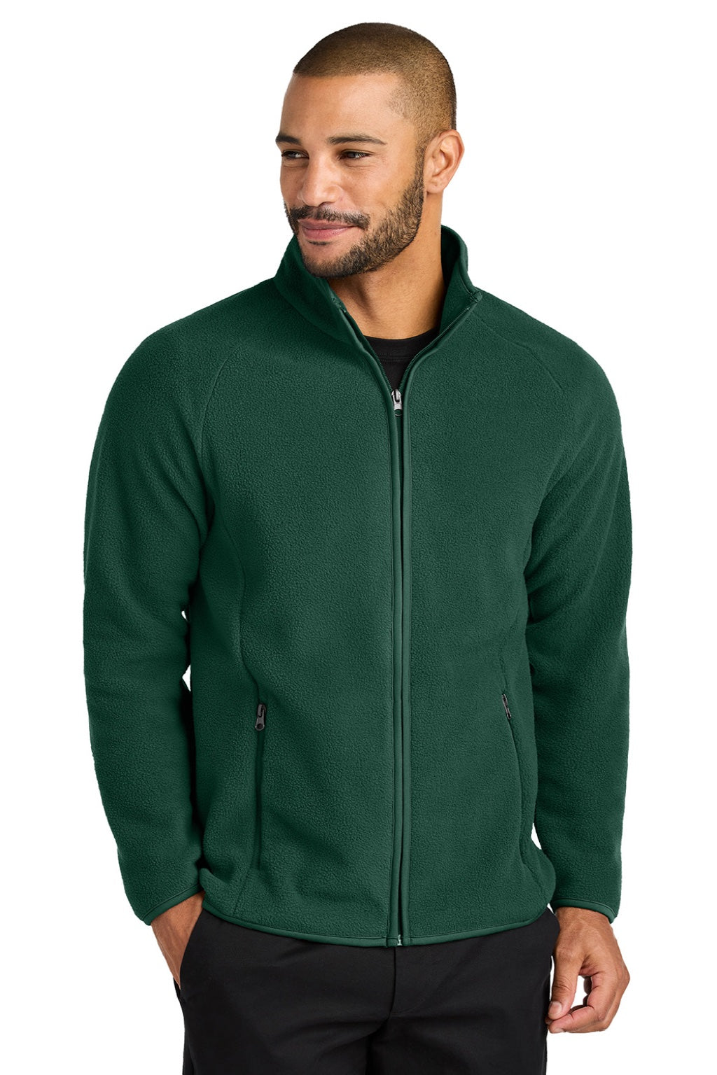 Port Authority F700 Mens C-FREE Raglan Pill Resistant Fleece Full Zip Jacket Dark Green Model Front