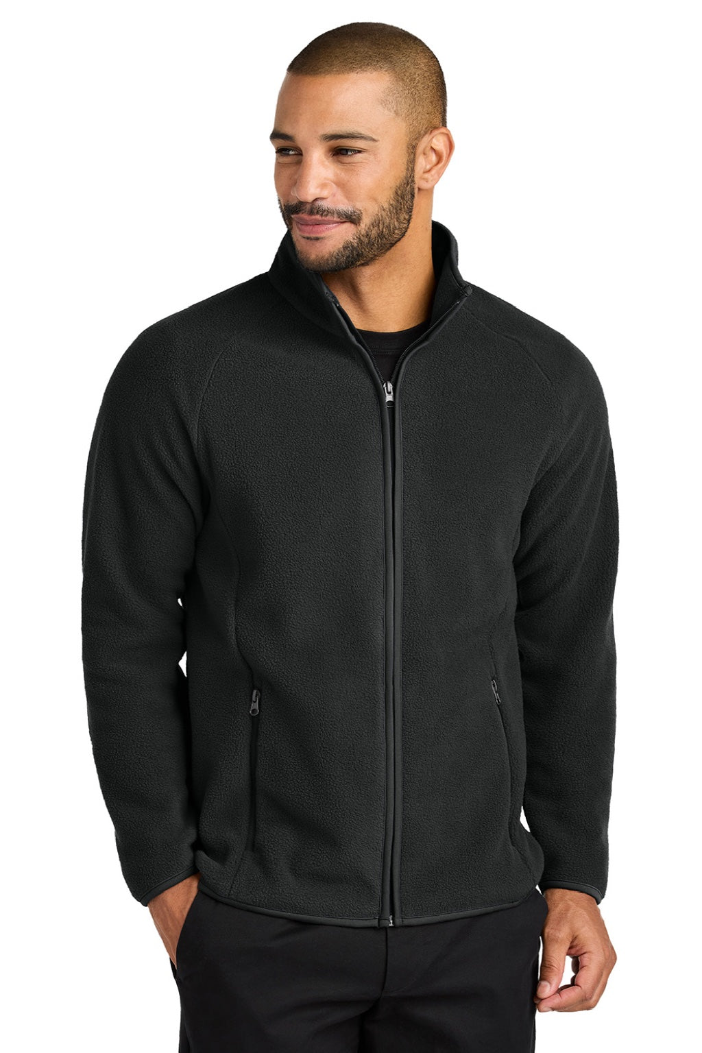 Port Authority F700 Mens C-FREE Raglan Pill Resistant Fleece Full Zip Jacket Deep Black Model Front