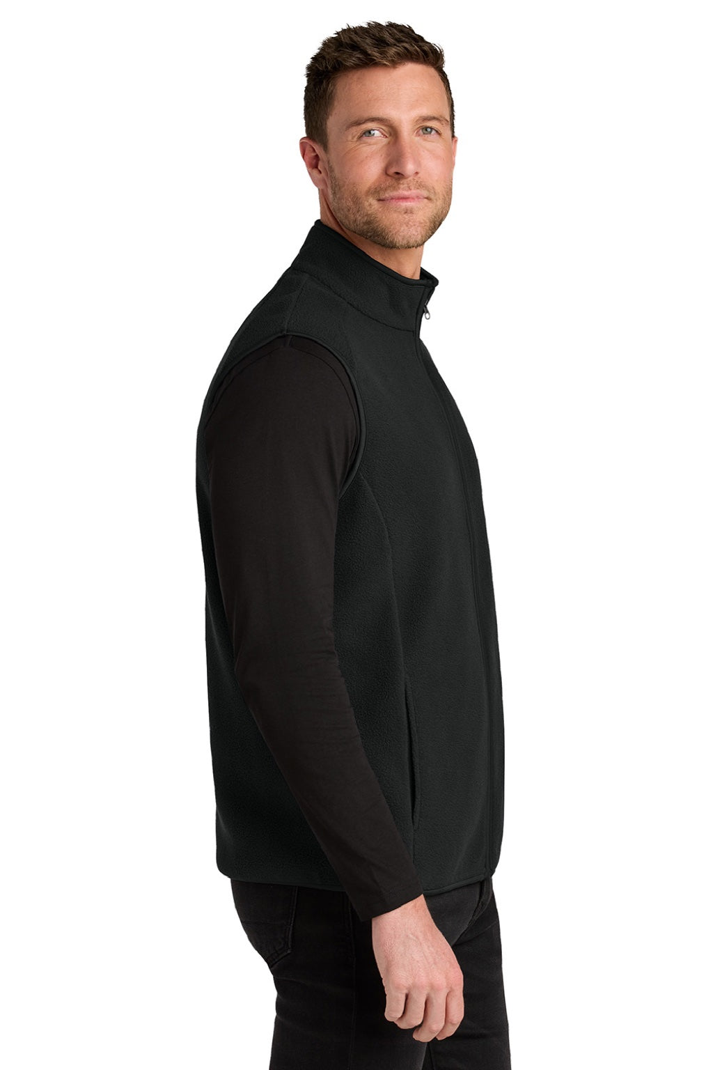 Port Authority F702 Mens C-FREE Fleece Full Zip Vest Deep Black Model Side