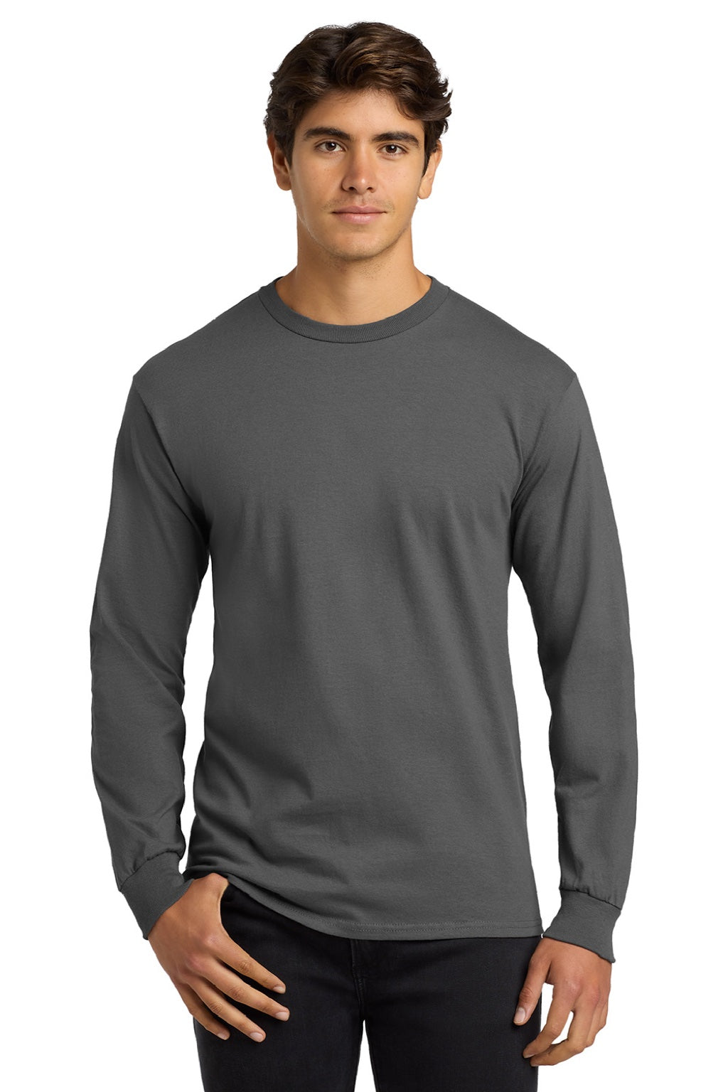 Gildan G2400/2400 Mens Ultra Long Sleeve Crewneck T-Shirt Charcoal Grey Model Front