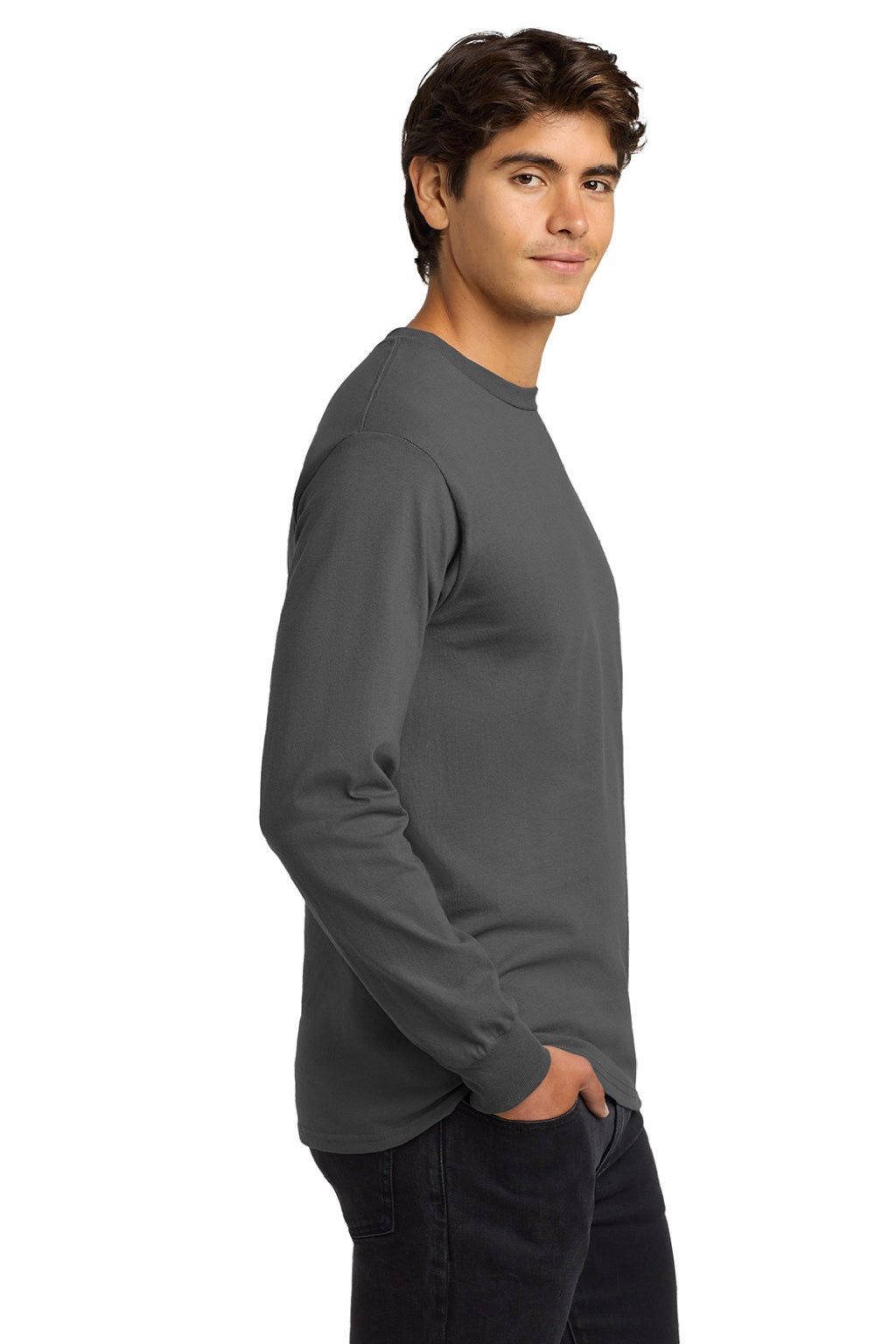 Gildan G2400/2400 Mens Ultra Long Sleeve Crewneck T-Shirt Charcoal Grey Model Side