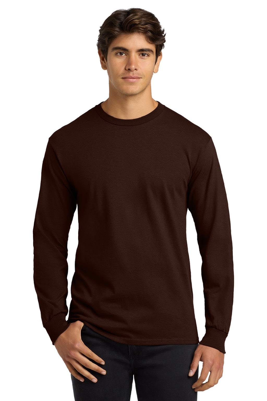 Gildan G2400/2400 Mens Ultra Long Sleeve Crewneck T-Shirt Dark Chocolate Brown Model Front
