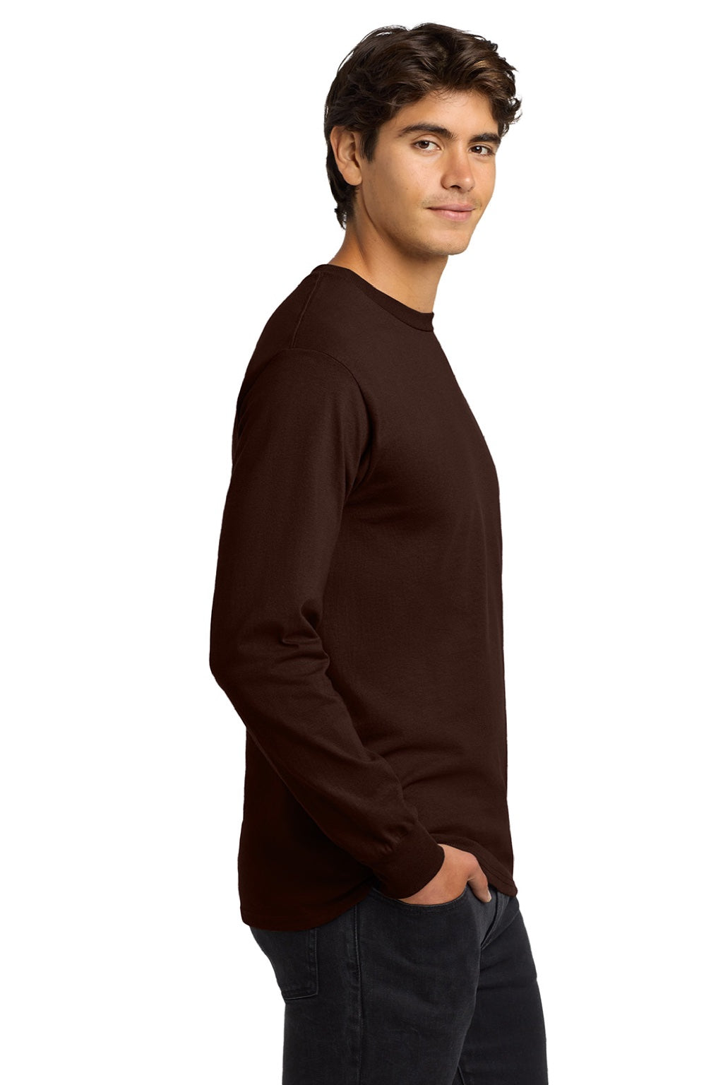Gildan G2400/2400 Mens Ultra Long Sleeve Crewneck T-Shirt Dark Chocolate Brown Model Side