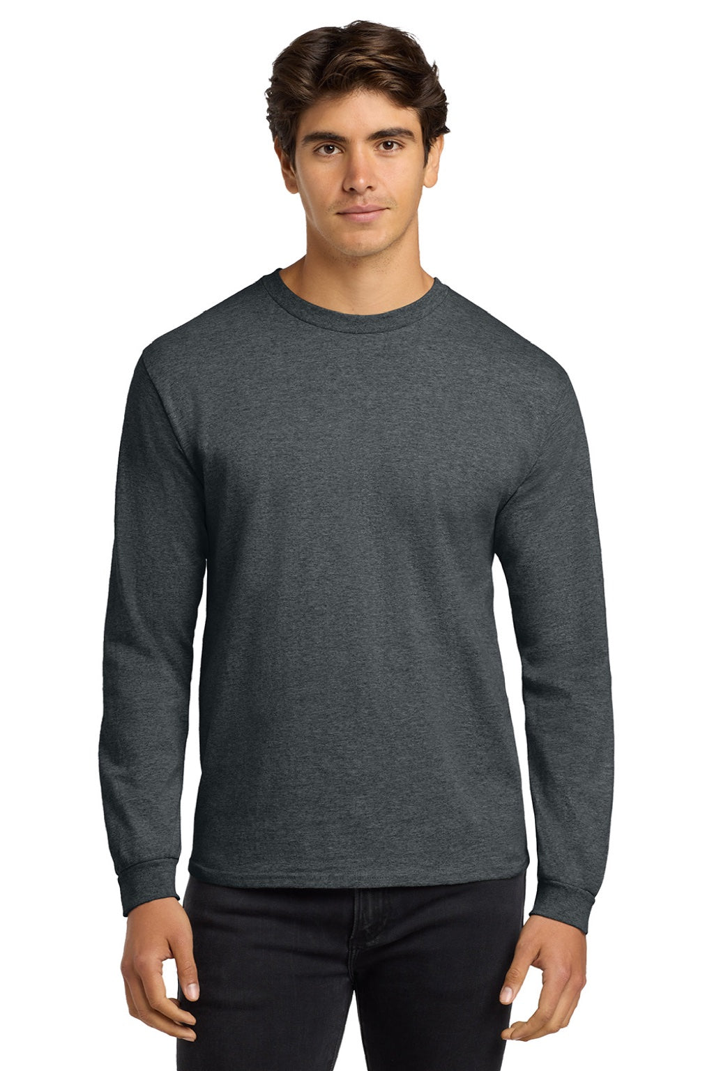 Gildan G2400/2400 Mens Ultra Long Sleeve Crewneck T-Shirt Heather Dark Grey Model Front