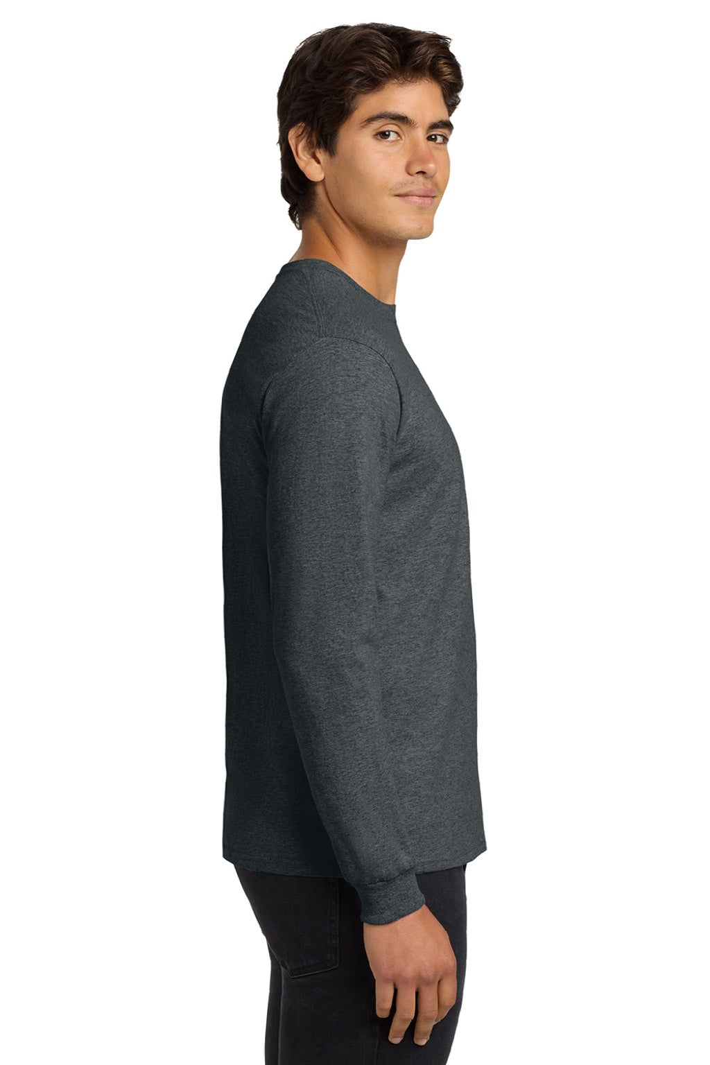 Gildan G2400/2400 Mens Ultra Long Sleeve Crewneck T-Shirt Heather Dark Grey Model Side