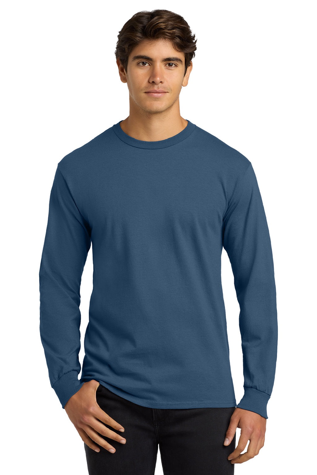 Gildan G2400/2400 Mens Ultra Long Sleeve Crewneck T-Shirt Indigo Blue Model Front