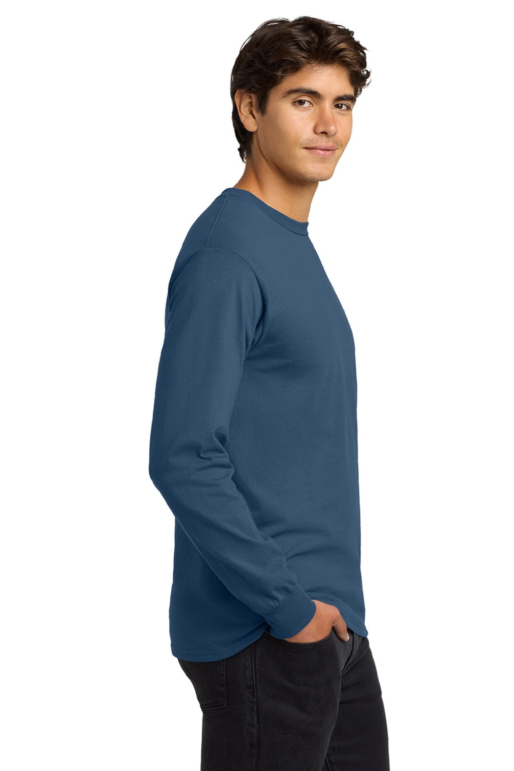Gildan G2400/2400 Mens Ultra Long Sleeve Crewneck T-Shirt Indigo Blue Model Side