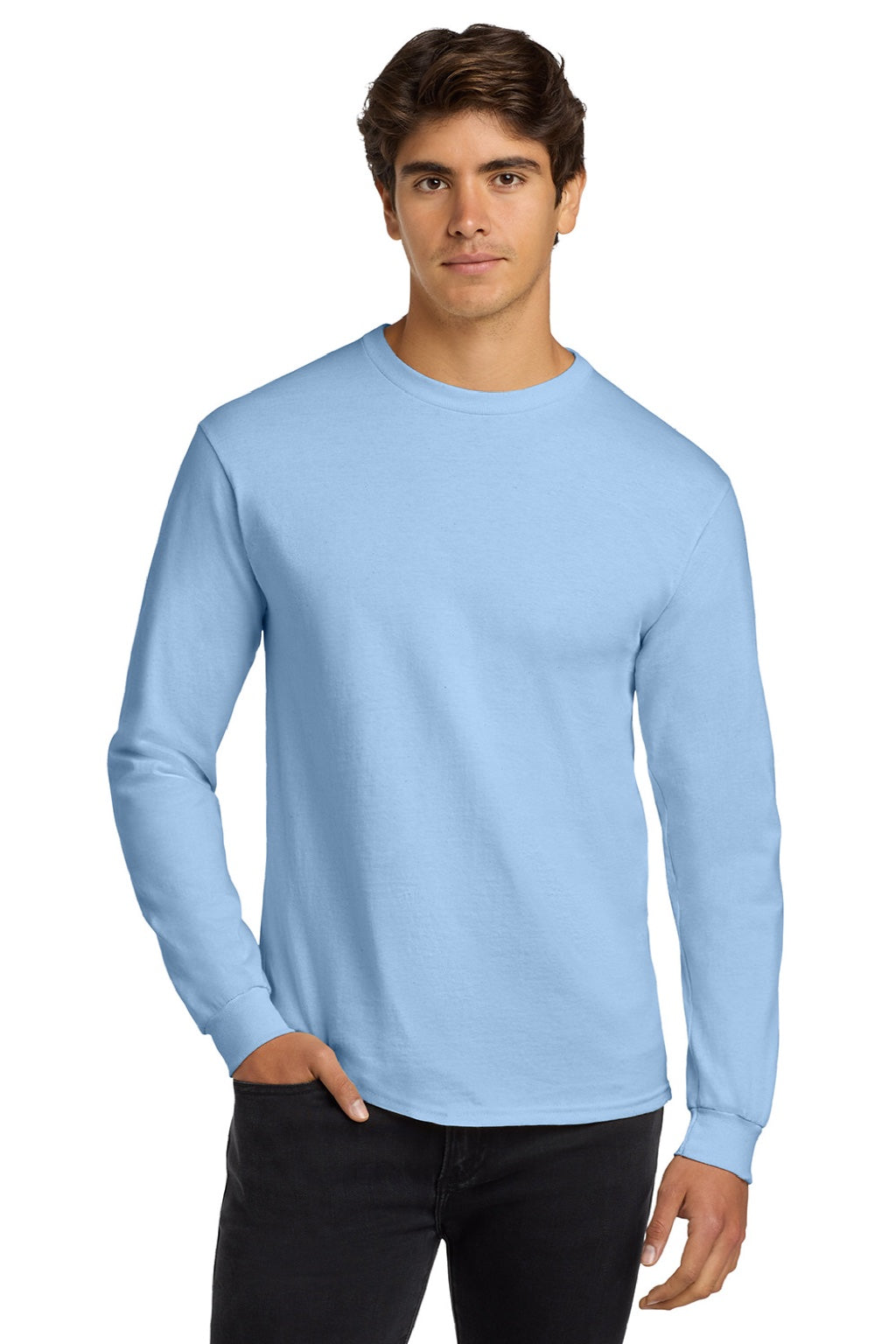 Gildan G2400/2400 Mens Ultra Long Sleeve Crewneck T-Shirt Light Blue Model Front