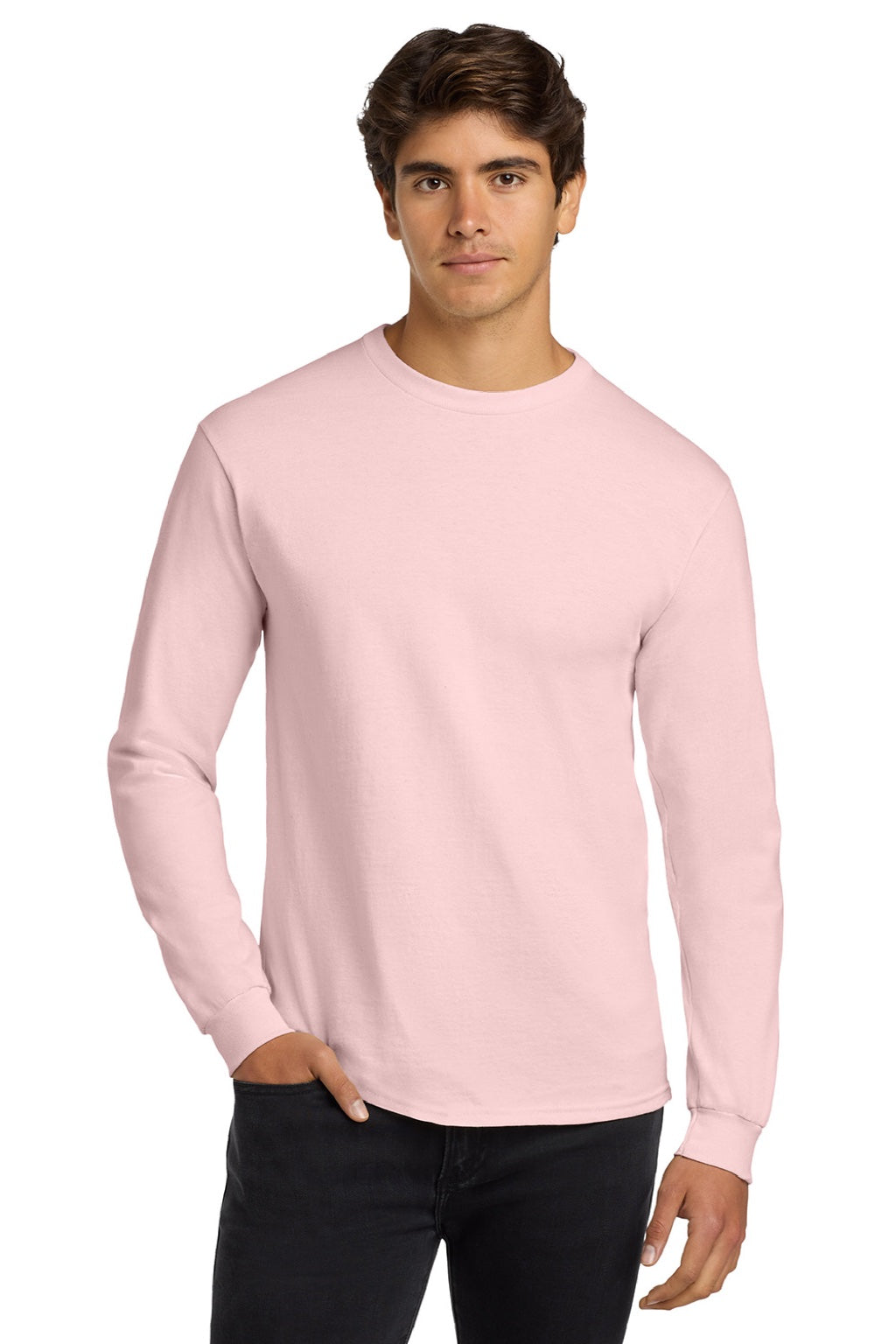 Gildan G2400/2400 Mens Ultra Long Sleeve Crewneck T-Shirt Light Pink Model Front