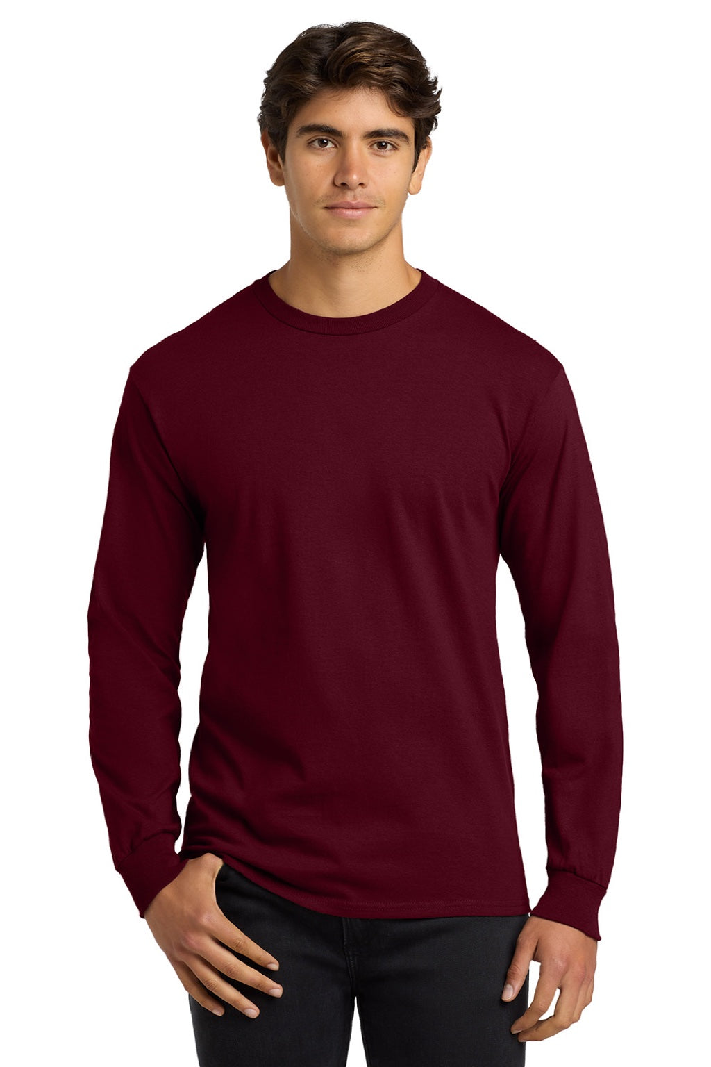 Gildan G2400/2400 Mens Ultra Long Sleeve Crewneck T-Shirt Maroon Model Front