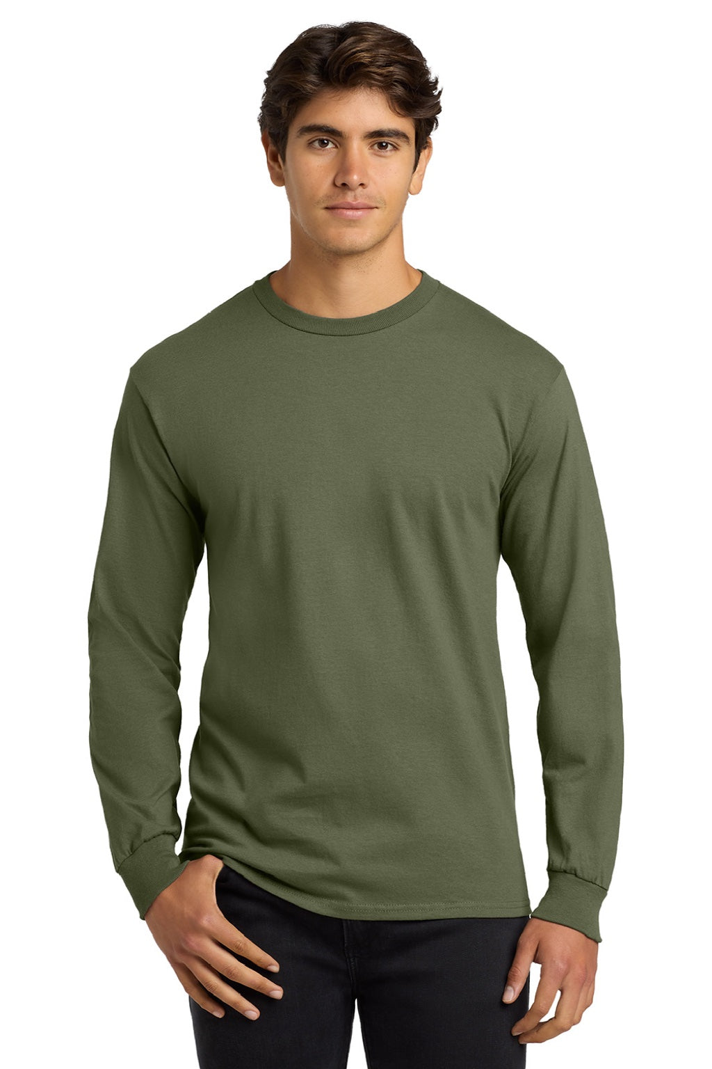 Gildan G2400/2400 Mens Ultra Long Sleeve Crewneck T-Shirt Military Green Model Front