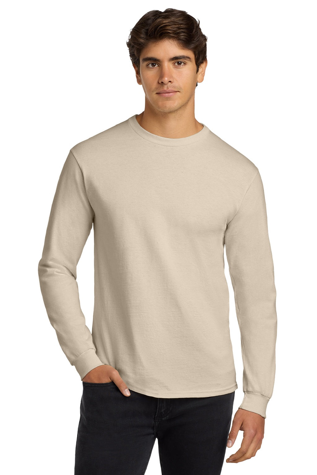 Gildan G2400/2400 Mens Ultra Long Sleeve Crewneck T-Shirt Natural Model Front