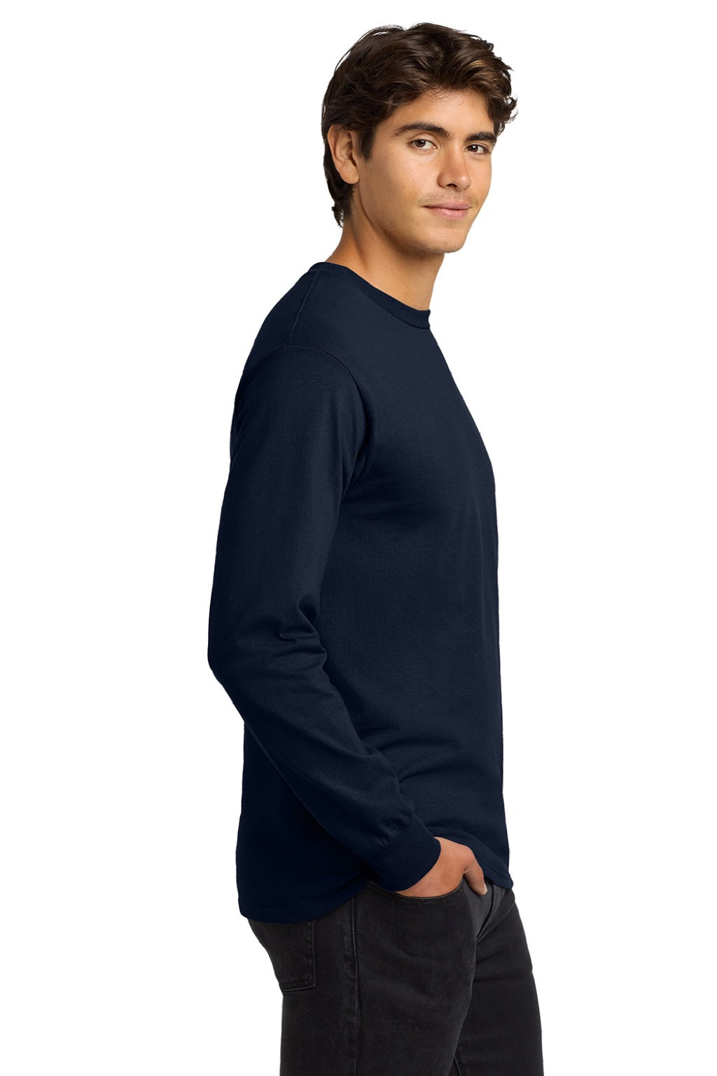 Gildan G2400/2400 Mens Ultra Long Sleeve Crewneck T-Shirt Navy Blue Model Side
