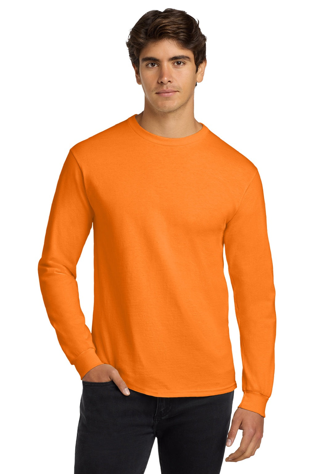 Gildan G2400/2400 Mens Ultra Long Sleeve Crewneck T-Shirt Safety Orange Model Front