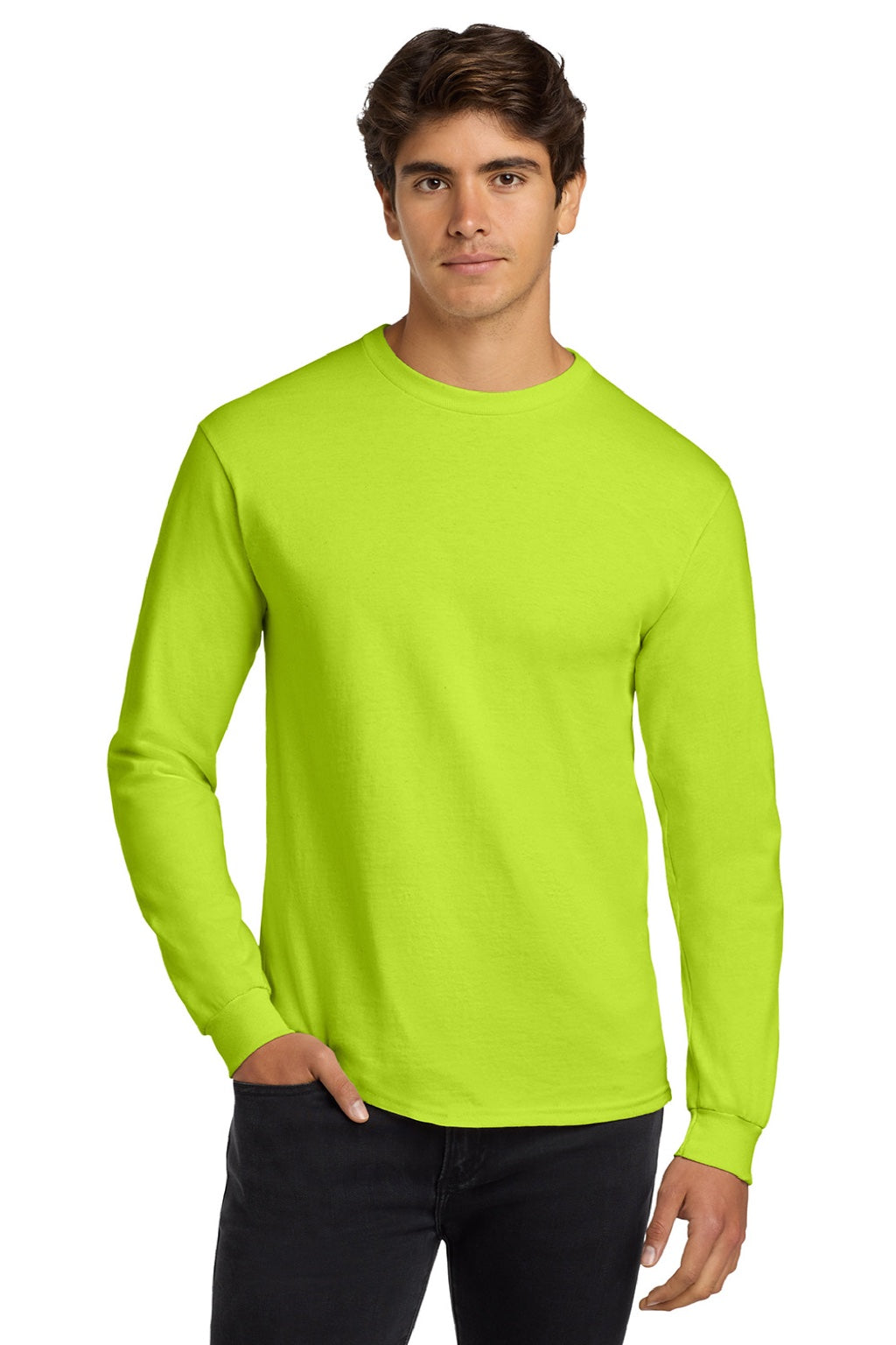 Gildan G2400/2400 Mens Ultra Long Sleeve Crewneck T-Shirt Safety Green Model Front