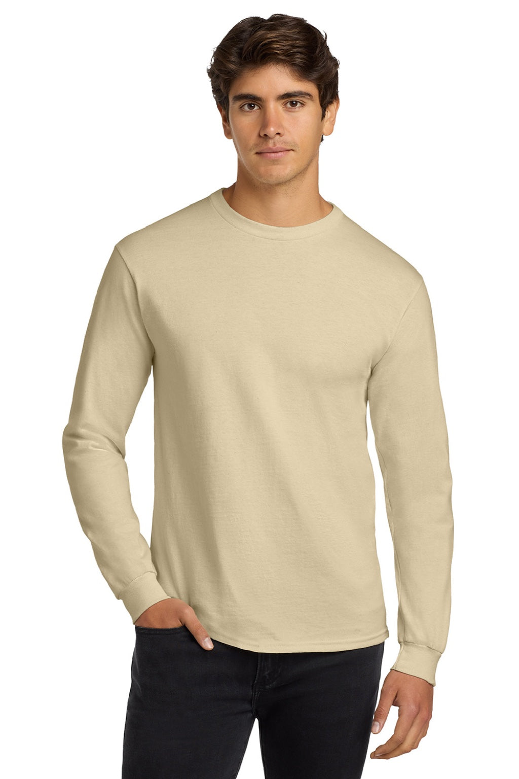Gildan G2400/2400 Mens Ultra Long Sleeve Crewneck T-Shirt Sand Model Front