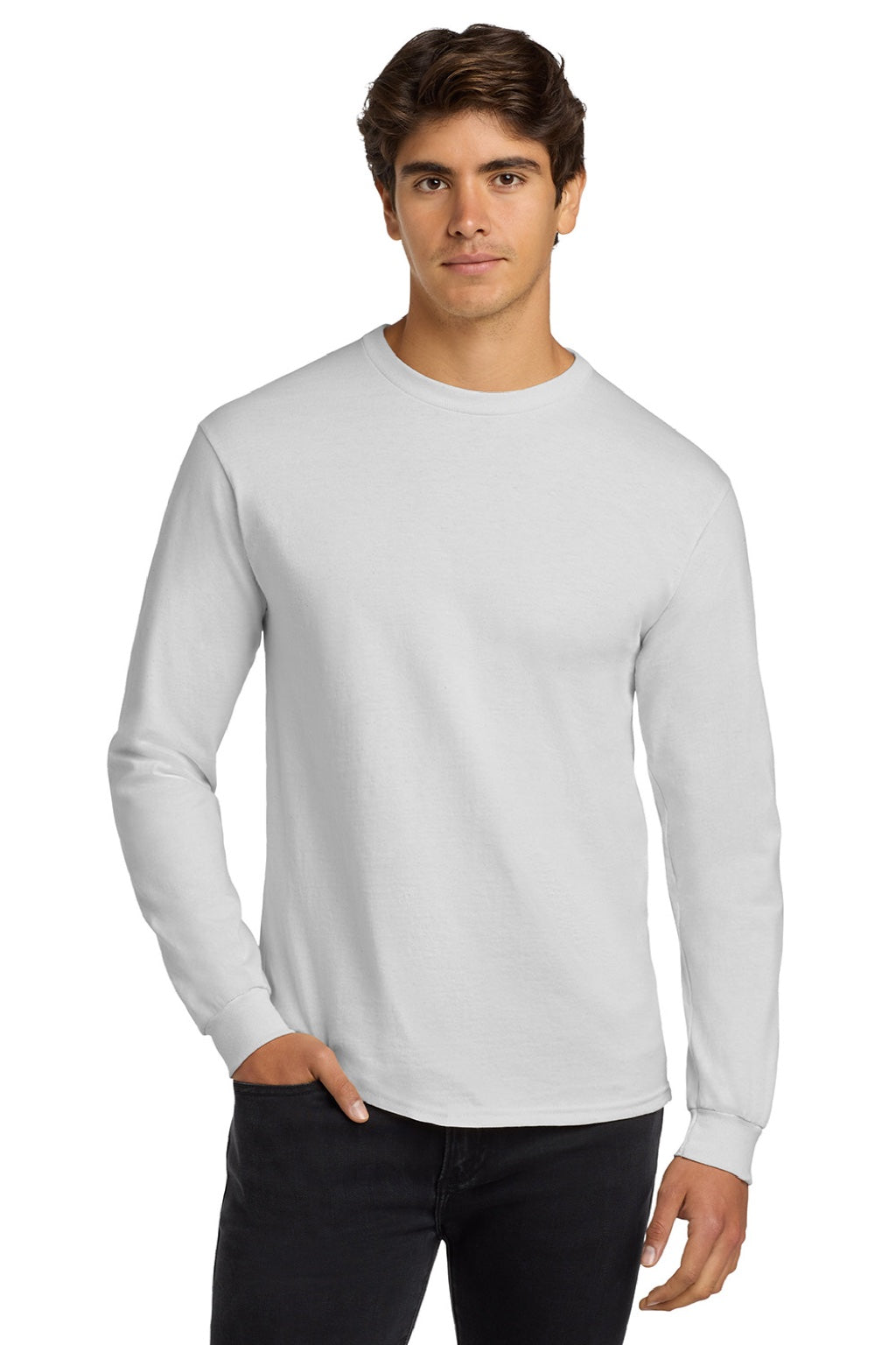 Gildan G2400/2400 Mens Ultra Long Sleeve Crewneck T-Shirt White Model Front