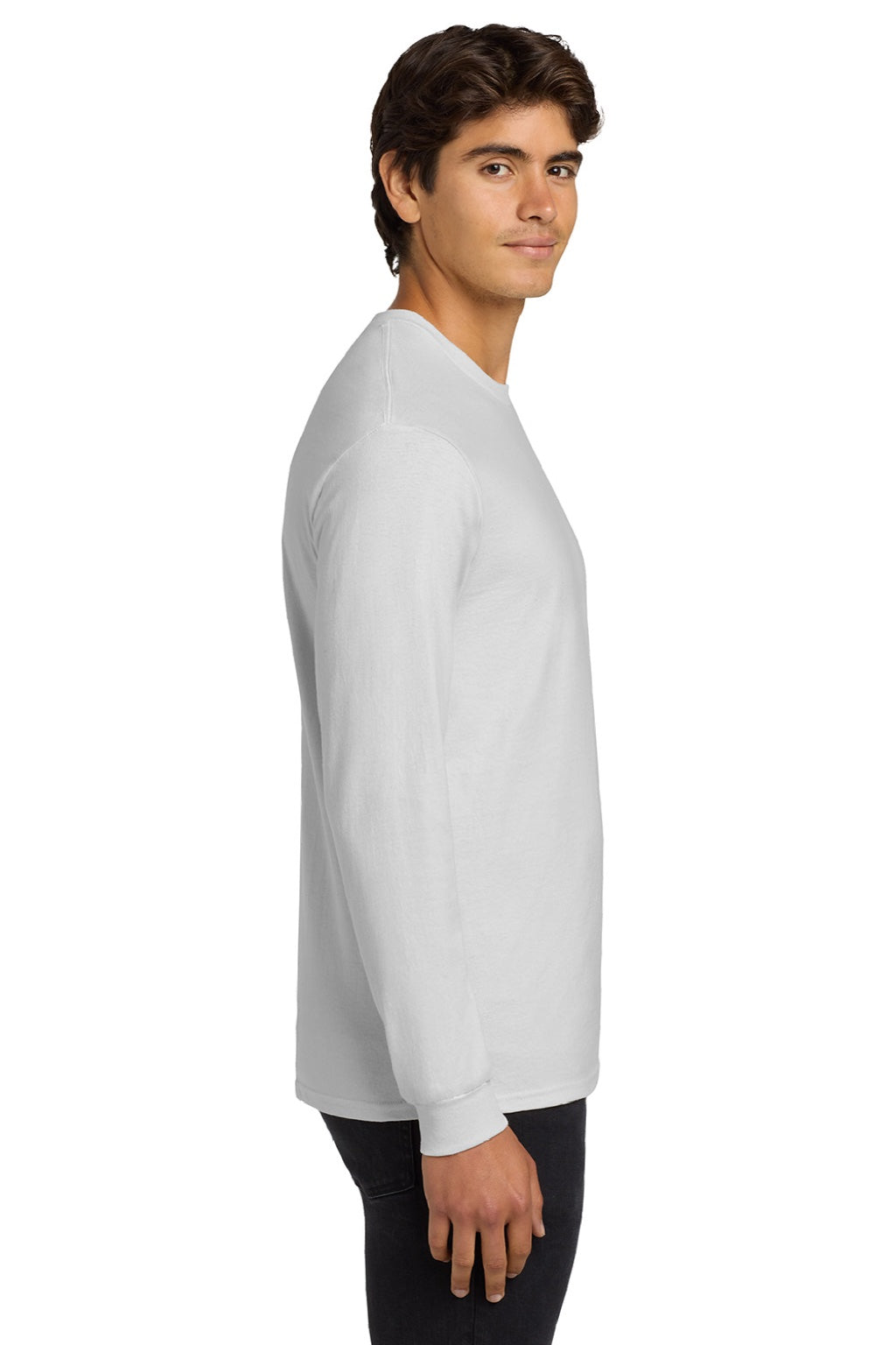 Gildan G2400/2400 Mens Ultra Long Sleeve Crewneck T-Shirt White Model Side