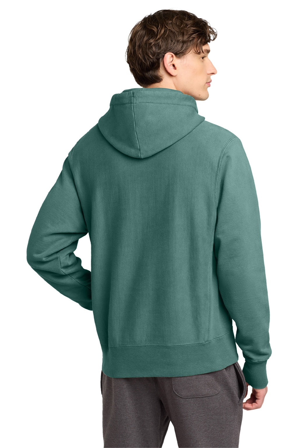 Champion GDS101 Mens Reverse Weave Garment Dyed Hooded Sweatshirt Hoodie w/ Pouch Pocket Cactus Green Model Back