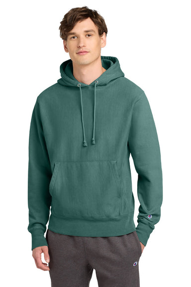 Champion GDS101 Mens Reverse Weave Garment Dyed Hooded Sweatshirt Hoodie w/ Pouch Pocket Cactus Green Model Front