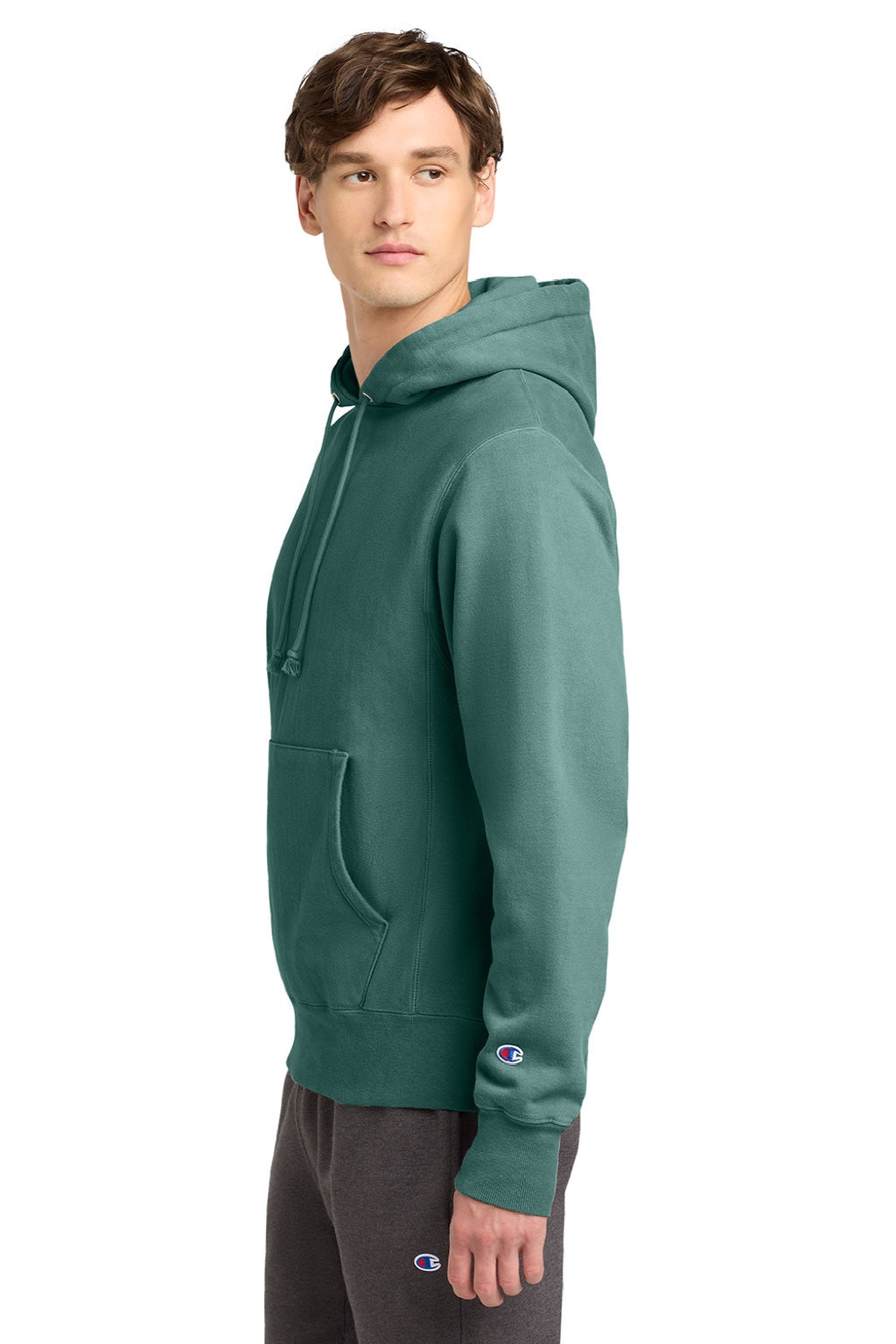 Champion GDS101 Mens Reverse Weave Garment Dyed Hooded Sweatshirt Hoodie w/ Pouch Pocket Cactus Green Model Side