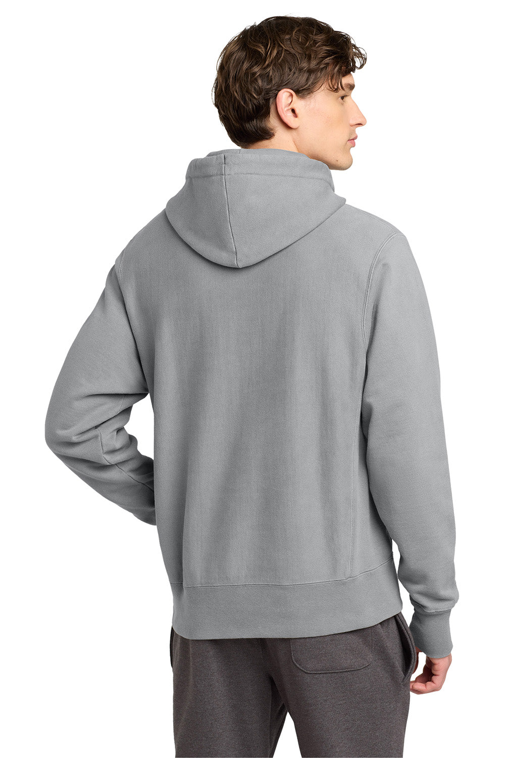 Champion GDS101 Mens Reverse Weave Garment Dyed Hooded Sweatshirt Hoodie w/ Pouch Pocket Concrete Grey Model Back