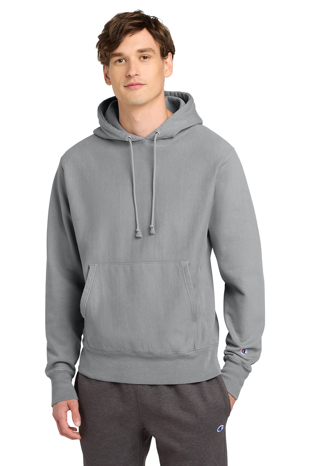 Champion GDS101 Mens Reverse Weave Garment Dyed Hooded Sweatshirt Hoodie w/ Pouch Pocket Concrete Grey Model Front