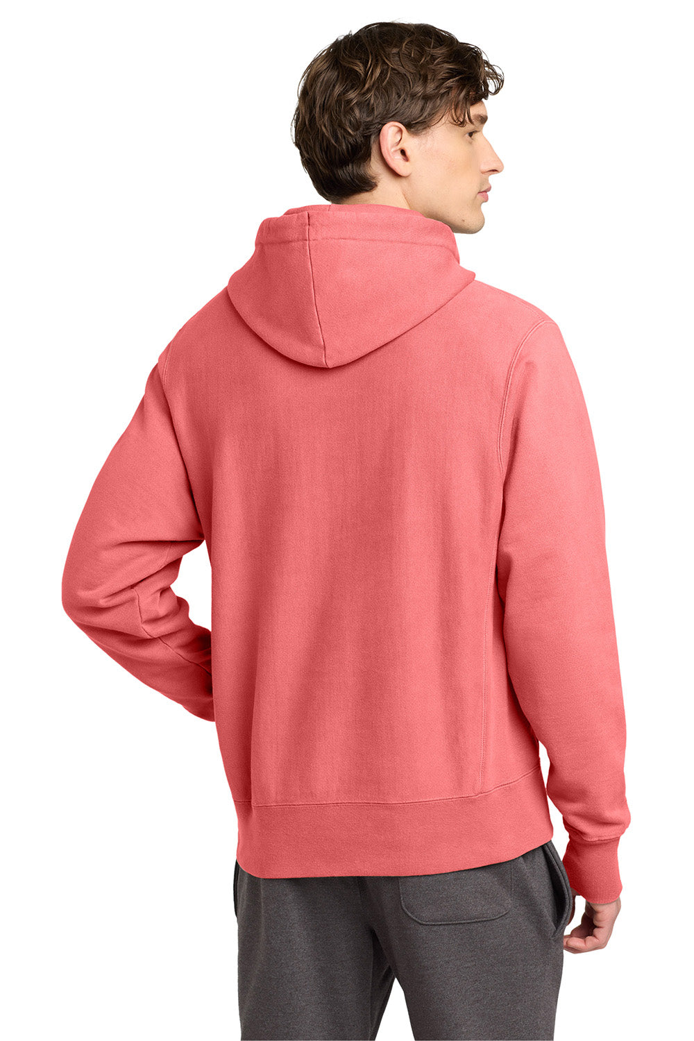Champion GDS101 Mens Reverse Weave Garment Dyed Hooded Sweatshirt Hoodie w/ Pouch Pocket Coral Craze Model Back