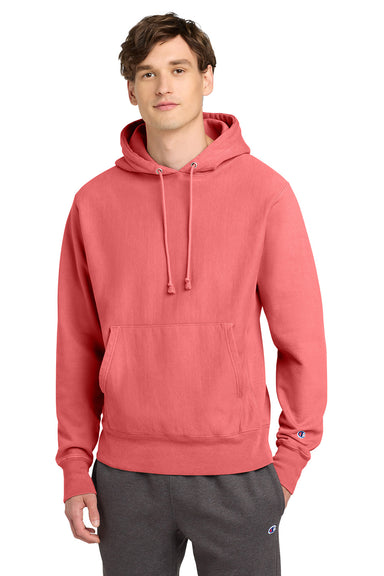 Champion GDS101 Mens Reverse Weave Garment Dyed Hooded Sweatshirt Hoodie w/ Pouch Pocket Coral Craze Model Front