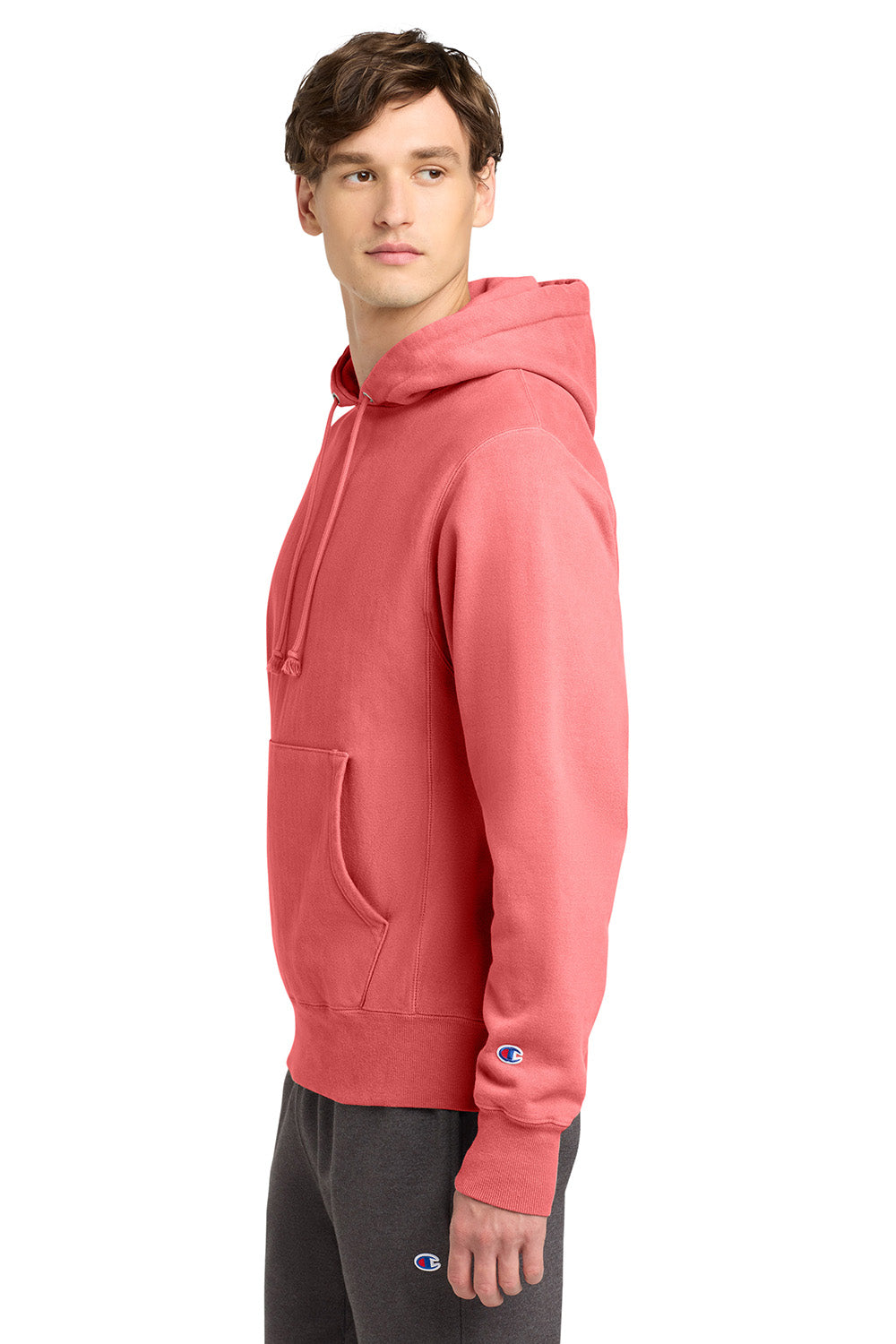 Champion GDS101 Mens Reverse Weave Garment Dyed Hooded Sweatshirt Hoodie w/ Pouch Pocket Coral Craze Model Side