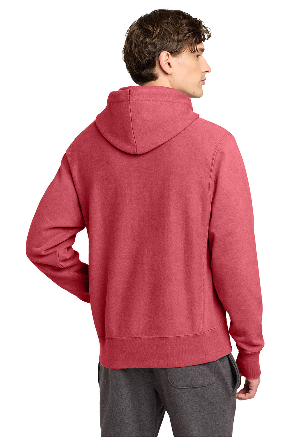 Champion GDS101 Mens Reverse Weave Garment Dyed Hooded Sweatshirt Hoodie w/ Pouch Pocket Crimson Red Model Back